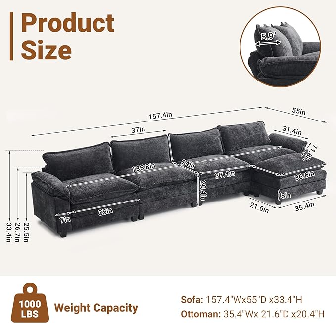 VINGLI 157 Cloud Black Convertible Sectional Sofa Comfy L-Shape Extra Deep Seat Sofa Couch for Living RoomModern Chenille 4-Seat Convertible Sofa with Movable Ottoman for Small Space