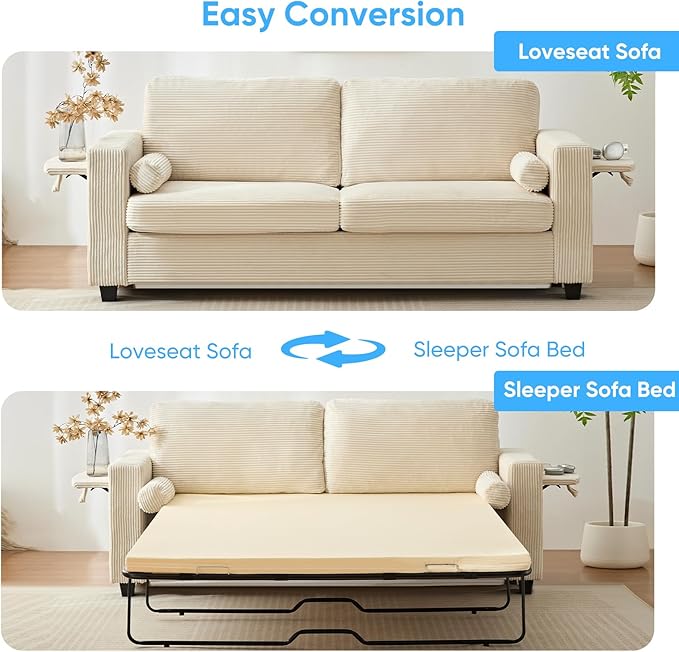 Mjkone 82 Width Queen Size Pull Out Sofa Bed Sleeper Couch with Pull Out Beds 2-in-1 Convertible Corduroy Loveseat Sleeper Sofa Couch Bed with Folding Mattress for Living Room Home Apartment Beige