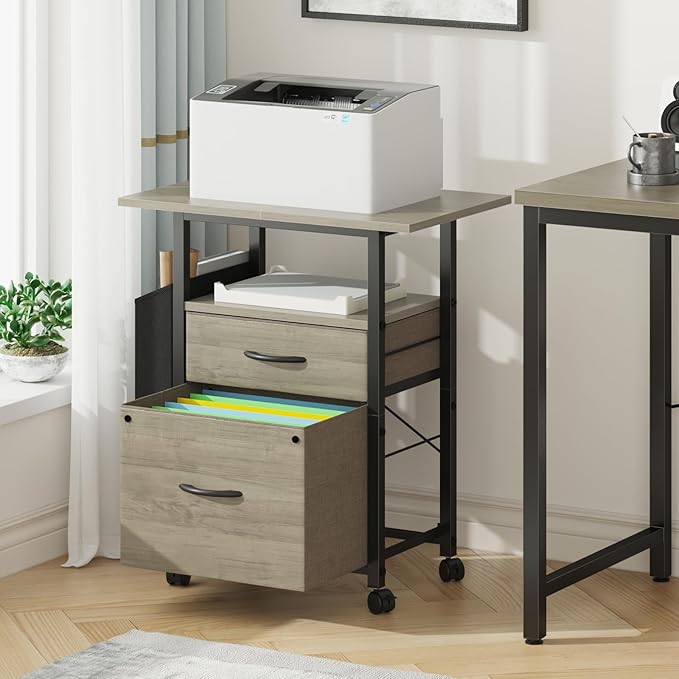 GYIIYUO 2 Drawer File Cabinet with 24'' Extended Desktop Mobile Filing Cabinet Rolling File Cabinet with Side Bag Fabric Drawer Fits A4/Letter Size Printer Stand Home Office Oak Grey