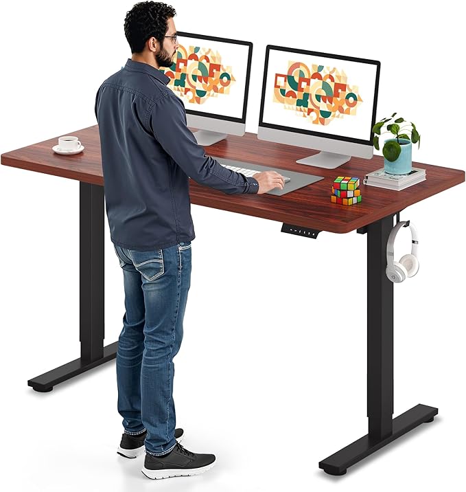 SANODESK Electric Standing Desk 55 x 28 Inches Whole-Piece Desktop Height Adjustable Stand Up Desk w/6-Button Controller Ergonomic Computer Desk for Home Office Black Frame + Mahogany Tabletop