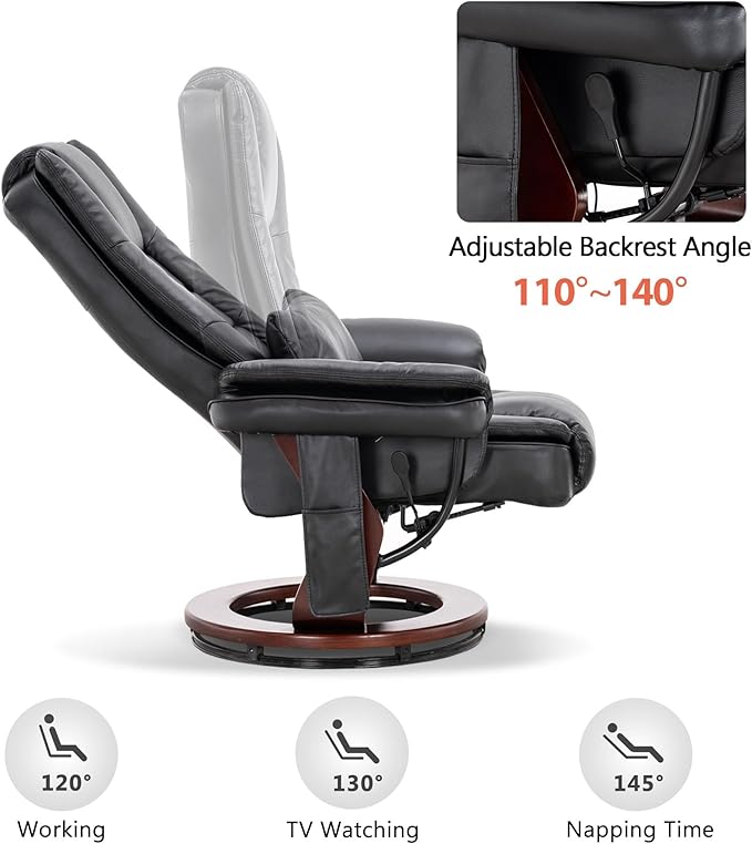 MCombo Swivel Recliner with Ottoman Chair TV Chair Sets with Vibration Massage for Small Space Living Room Bedroom 9096 9099 (Textile Black)