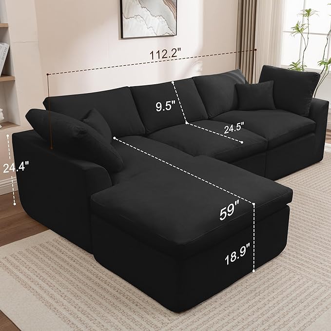 112 Cloud Sectional Couches for Living Room Modern Modular Sectional Sofa with Ottoman Boneless Cloud Couch with Comfy Deep Seats Fluffy Chenille L-Shape Sofa Couch for Living Room Black