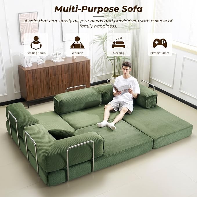 Furnimart 108 Convertible L-Shape Sofa with Cylindrical Pillow Comfy Foldable Compressed Sofa Bed Boneless Floor Sofa Lounge Couch for Living Room Bedroom No Assembly Required Green