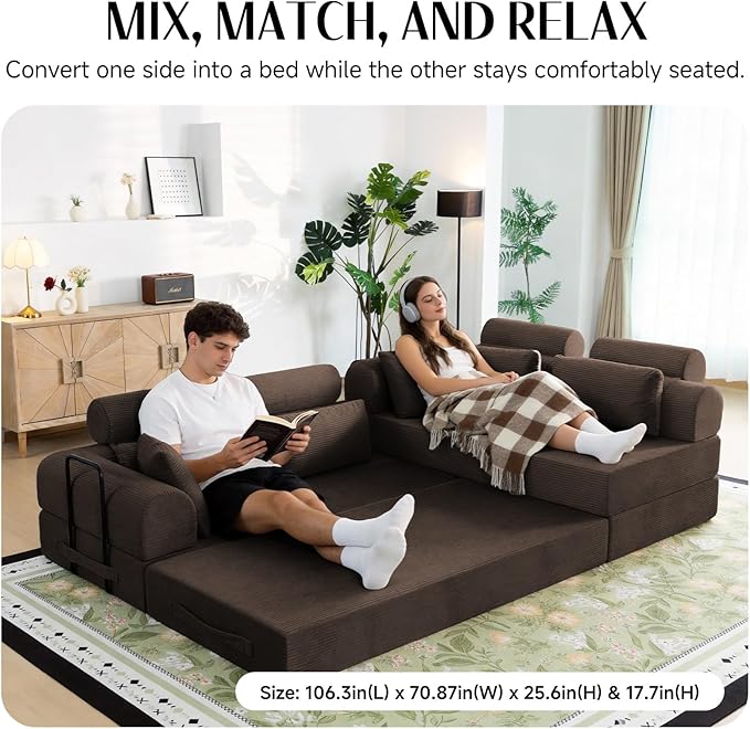 106 L-Shaped Modular Boneless Couch 2-Piece System (2×70.87) Convertible Sectional to 141.7 Straight Sofa Corduroy Couch in a Box Headrest &amp Back Pillows for Living RoomBrown
