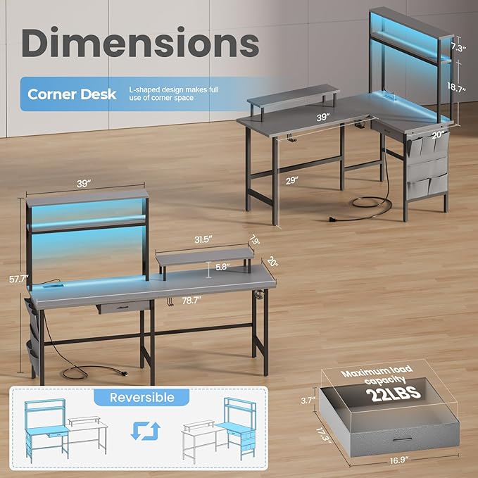 HLDIRECT L Shaped Desk with LED Light &amp Power Outlet 59 Inch Reversible Corner Gaming Desk with Storage Shelves &amp Drawer Computer Table with Monitor Stand Home Office Work Study Gray