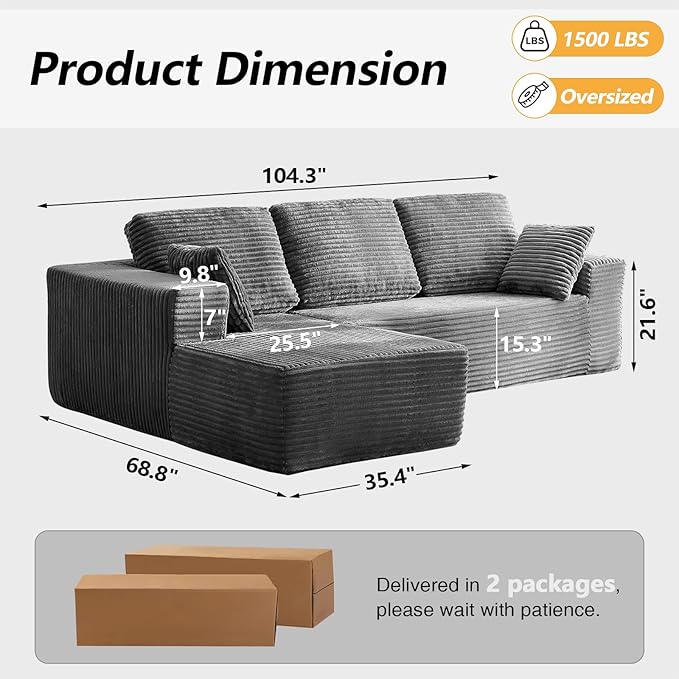 104” Boneless Couches for Living Room Modular Cloud Sectional Sofa with Chaise Deep Seat Upholstered No Assembly Required(Grey L Shape with Left FacingChaise)