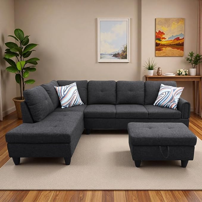 L-Shaped Sectional Sofa with Movable Chaise &amp Storage Ottoman Lounge 3-Piece Modular Convertible Couches for Living Room Apartment &amp Office Black Grey