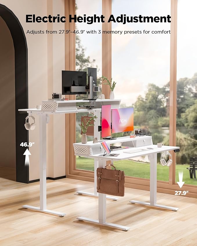 FiCiHi 48x24 Inch Standing Desk with Drawers C-Clamp Mount Compatible Electric Adjustable Height Computer Stand Up Desks Home Office Sit Stand Table with 3 Preset Heights White