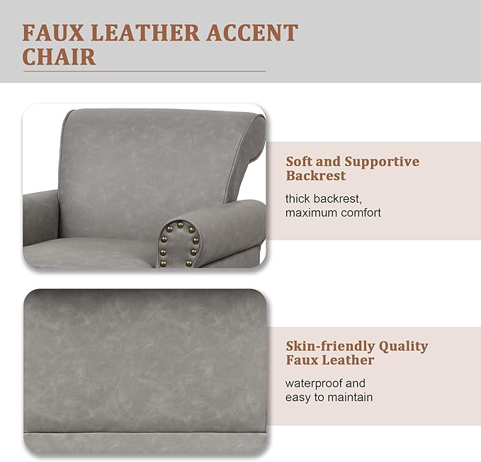 Accent Chair Mid Century Modern Faux Leather Arm Chair with Wood Leg for Living Room Bedroom Comfy PU Leather Club Reading Chairs with Wingback &amp Nailhead Trim (Leather Grey Set of 2)
