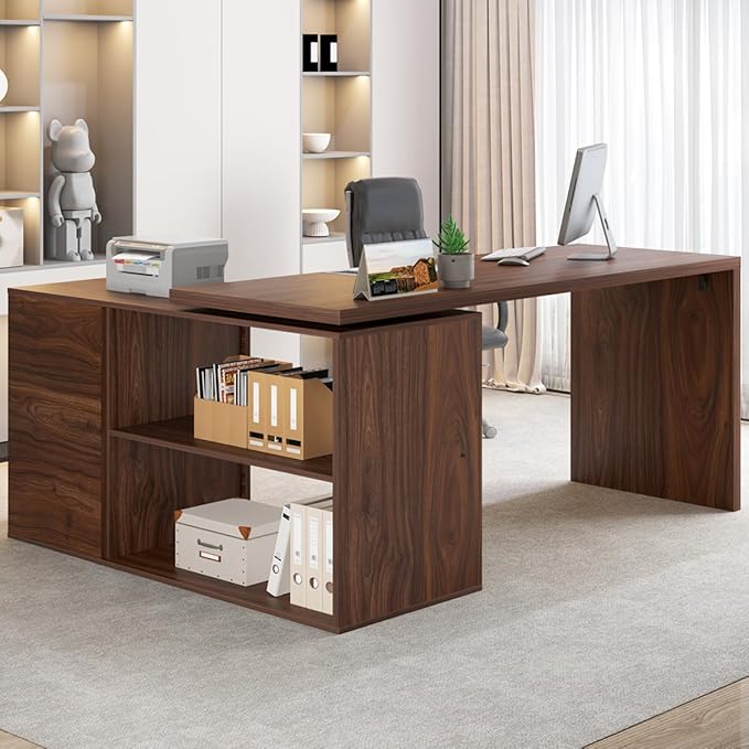 HSH Walnut Home Office Desk L Shaped with Drawers Reversible Wood Computer Desk Table for Executive Work Writing Study Gaming Rustic Corner L Desk with Storage Cabinet Shelves for Bedroom 55 Inch