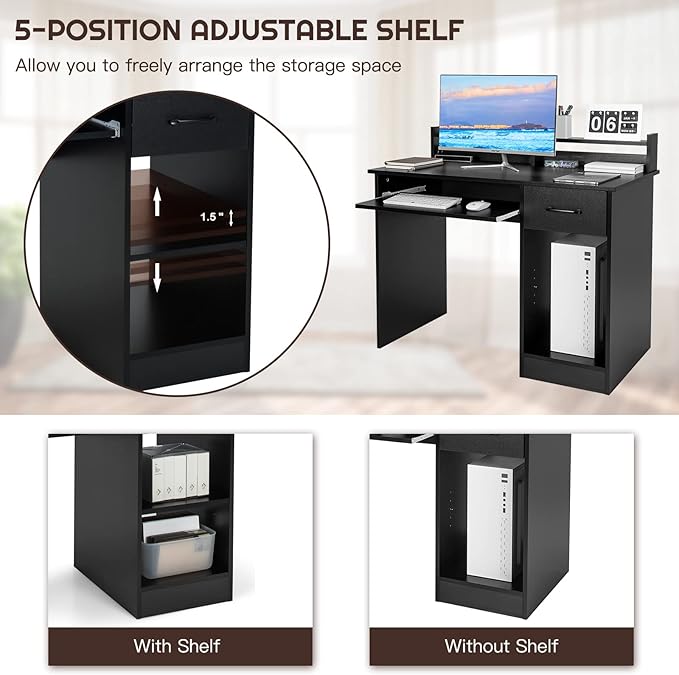 GORELAX Computer Desk with Hutch Wood PC Gaming Desk w/Drawers Open Storage Shelves Keyboard Tray Monitor Stand Student Desk for Bedroom Small Home Office Desk for Small Spaces (Black)