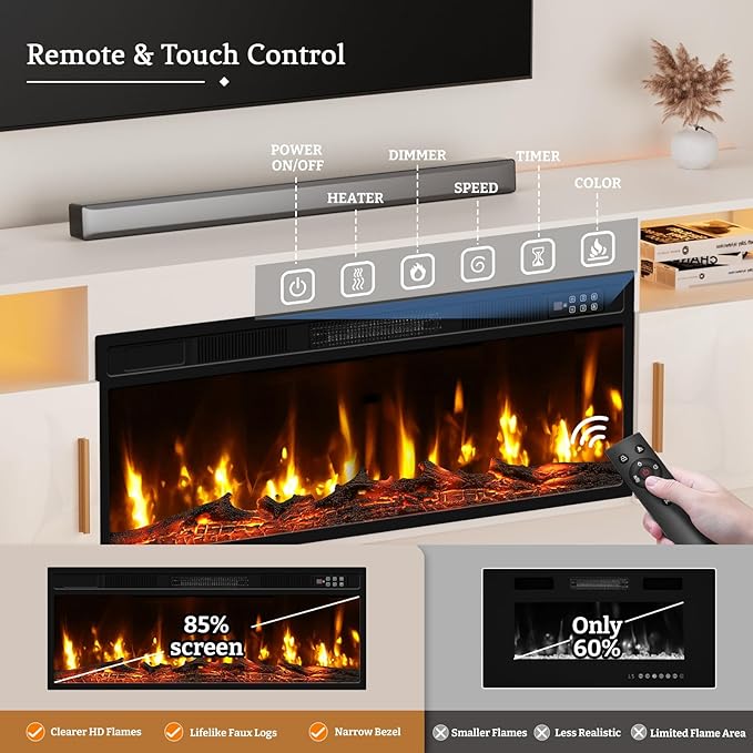 70'' TV Stand with Fireplace Realistic 3D Log Flame White Entertainment Center for 80 inch TV- TV Cabinet with LED Light High Glossy Door Modern TV Console for Living Room