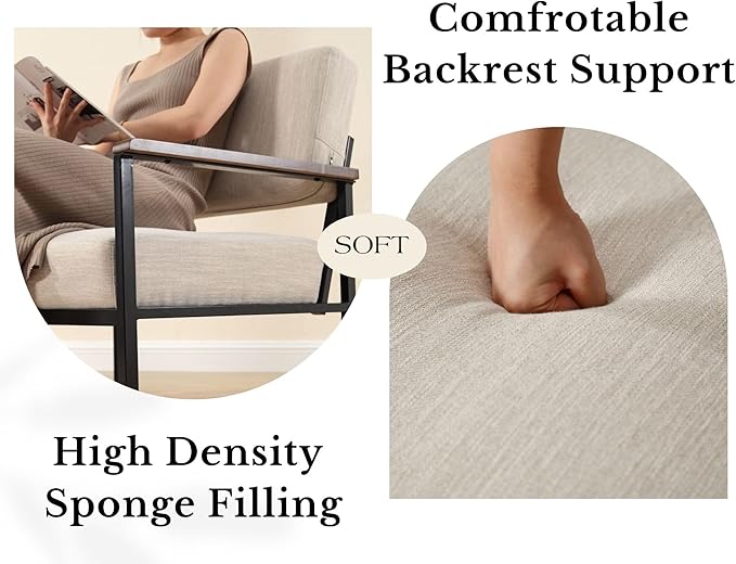 Mid Century Modern Beige Accent Chair Set of 1 Comfy Armchair with Black Metal Frame Soft Linen Fabric Upholstered Armchairs Living Room Chairs Lounge Chair Reading Chair for Bedroom/Office