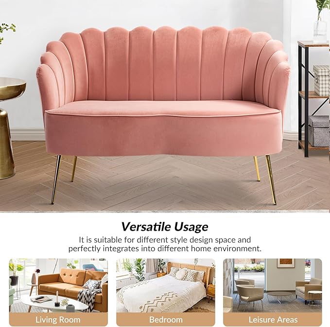 Velvet Upholstered Loveseat Sofa with Gold Metal Legs Modern Comfy Small Love Seat with Flower Shaped Back 2-Seater Sofa Accent Couch for Living Bedroom Leisure Areas