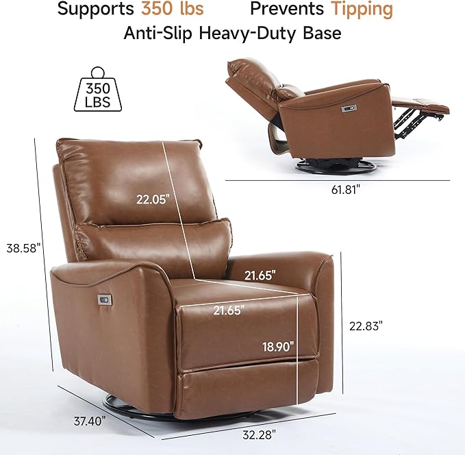 Power Swivel Rocking Recliner Chair for Nursery PU Leather Glider Rocker Recliner for New Parents Modern Small Recliners for Small Spaces/Living Room/RV Brown