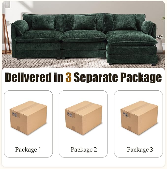 Modular Sectional Sofa Cloud Couch 112 L-Shape Sofa Chenille Comfy Upholstered with Removeable Ottoman and 3 Pillows for Living Room Emerald