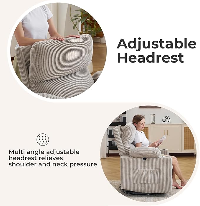 Power Recliner with Adjustable Armrests Rocking Chair Nursery with Massage and Heat Electric Glider Recliner Nursing Chair for Breastfeeding Swivel Rocker Recliner Corduroy Grey