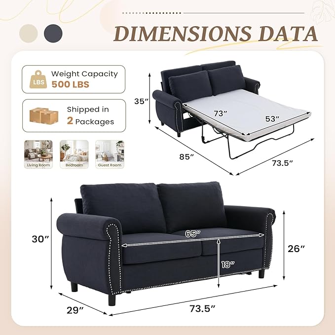 Full Size Pull Out Sofa Bed 3 in 1 Linen Convertible Loveseat Sleeper Sofa Bed with Memory Form Mattress Pull Out Couch with Nailhead Trim &amp Roll Arms for Living Room Bedroom Small Space(Grey)
