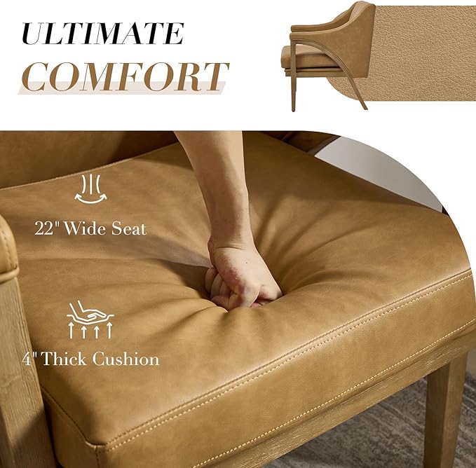 Mid Century Modern Accent Chairs Set of 2 with Barrel Back Upholstered Armchair Comfy Reading Chairs with 4 Thick Cushion Solid Wood Legs for Living Room/Bedroom/Reading Corner PU Fabric Brown