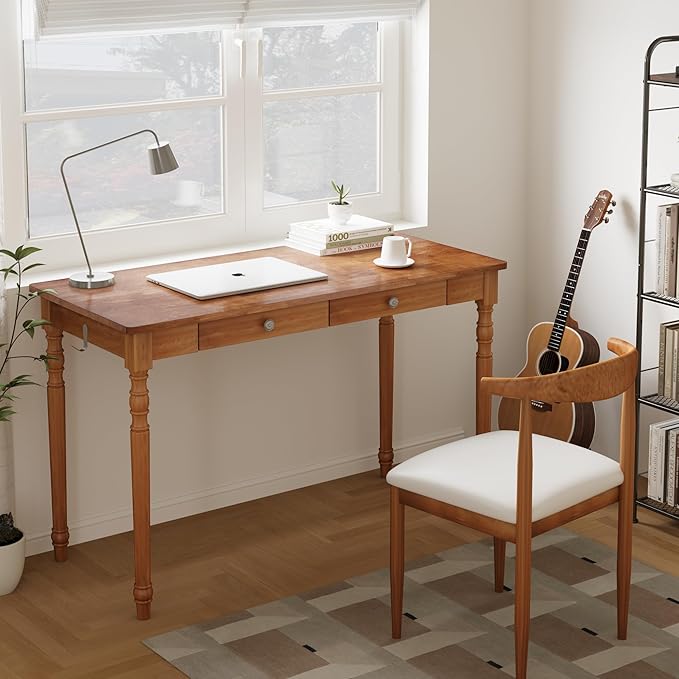 Solid Wood Desk with Drawers - 48 Inch Writing Desk with Drawers Mid Century Modern Desk with 2 Hooks Rubber Wood Study Table for Bedroom Living Room &amp Office Walnut Color