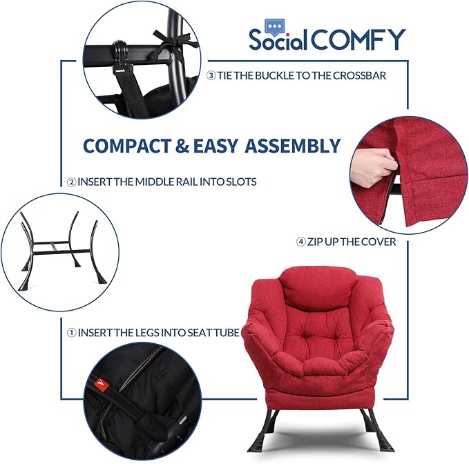 Modern Lazy Chair with Portable Ottoman Accent Contemporary Lounge Chair Steel Frame Leisure Sofa Chair Set with Footstool Armrests Side Pocket for Living Room Bedroom Office Red