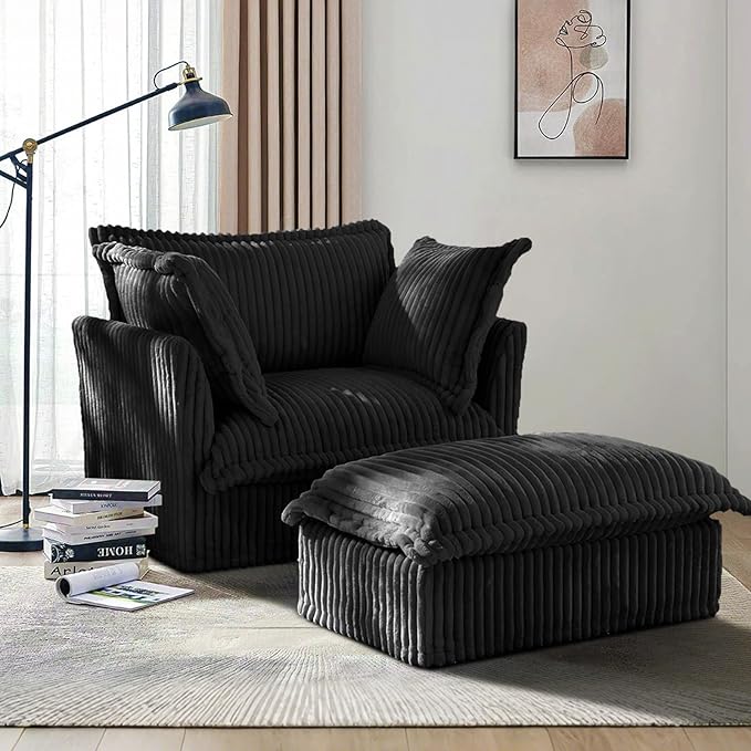 49''W Corduroy Chaise Lounge Chair Indoor Oversized Upholstered Sleeper Sofa with Movable Ottoman and 2 Pillows Removable Sofa Cover for Living Room Home Theater Apartment(Black)