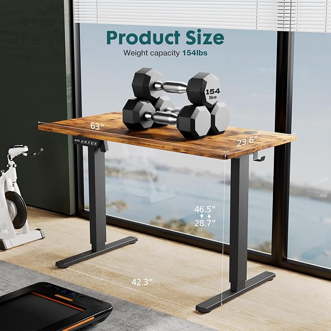 Electric Standing Desk Adjustable Height 63 x 24 Inch Sit and Stand Desk with 2 Hooks and Wire HolesHome Office Desk Ergonomic Workstation Computer DeskBrown