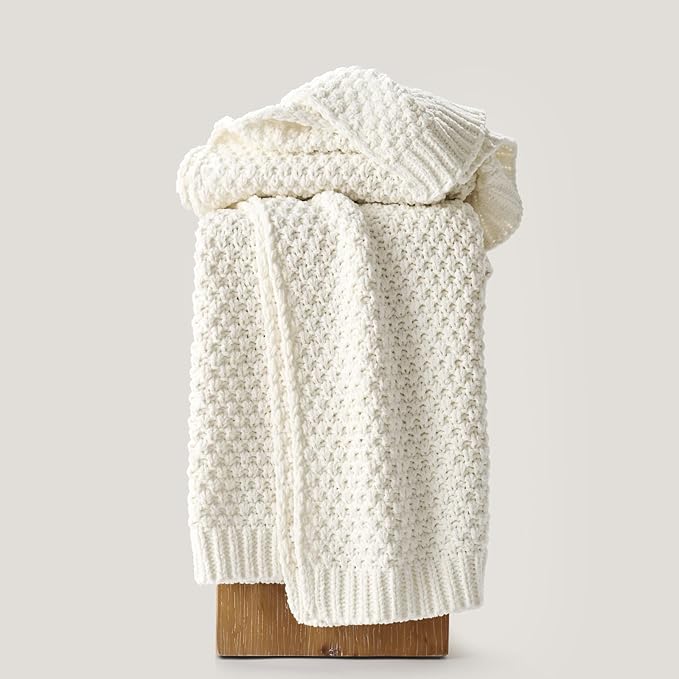 EVERGRACEHOME Chunky Chenille Knit Throw Blanket for Couch Soft Luxurious Moss Stitch Blankets for Bed Cozy Decorative Farmhouse Knitted Throws for Sofa Bright White 50 x 60