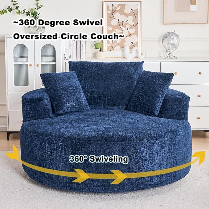 Swivel Accent Barrel Chair Oversized Modern Akili Upholstered Sofa Lounge Club Leisure Chair Round Chair for Hotel Living Room (Navy Chenille)