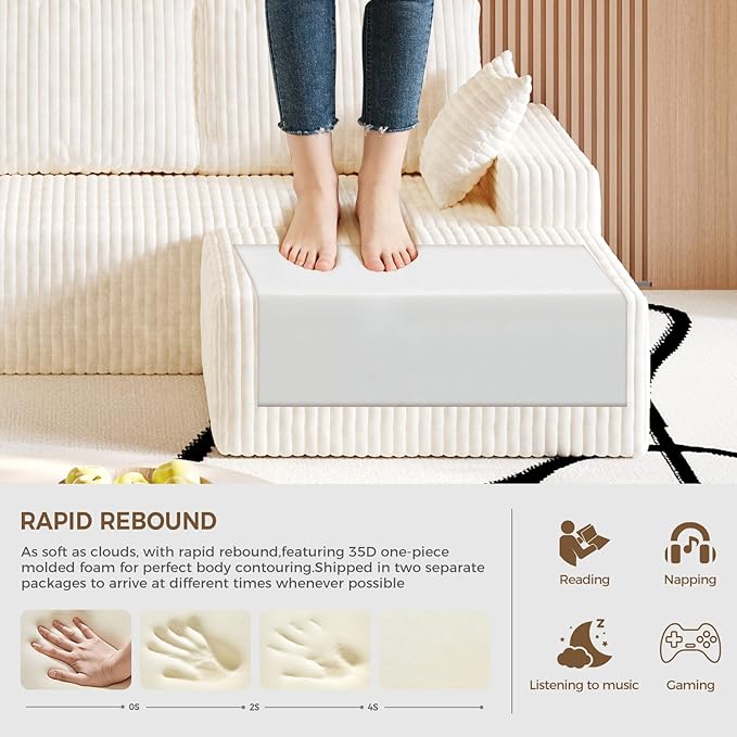 108” L Shape Sectional Boneless Couch35D Sponge Comfy 3 Seat SofaCloud Thickened FlannelModular Couches for Living RoomNo AssemblyDeep SeatOversized Chaise (White 108 Right Chaise)