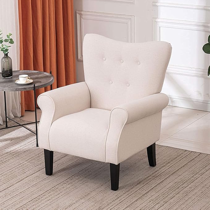 YOLENY Modern Accent ChairHigh Back ArmchairUpholstered Fabric Button Single Sofa with Wooden Legs for Living RoomBedroomClubBeige