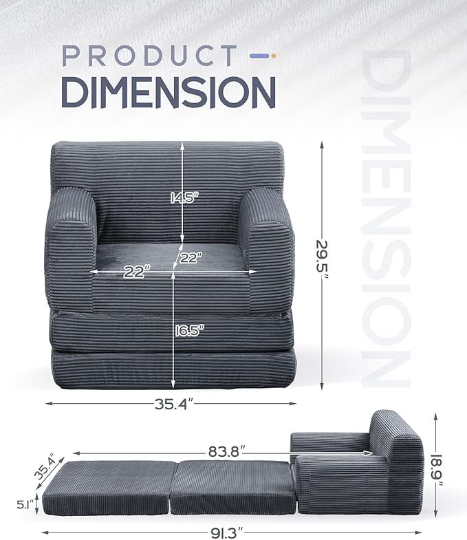 Boneless Couch Sofa Bed Convertible Sleeper Chair with One-Piece High-Density Foam (No Lumps) Foldable Floor Mattress for Adults Guest Gaming Non-Slip Side Pockets 84x35 No Assembly