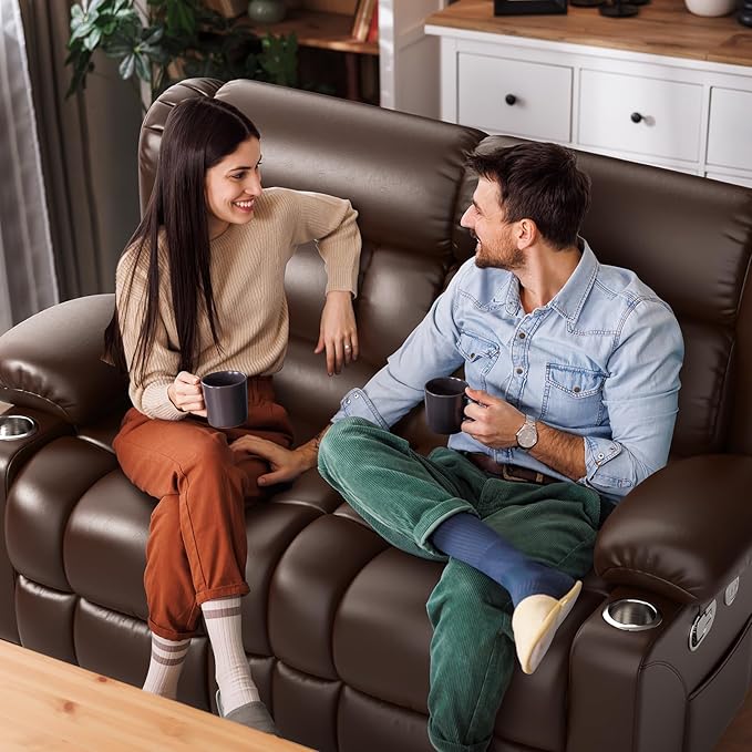 Loveseat Recliner Sofa PU Leather Reclining Loveseat with USB Charge Ports Cup Holders 2 Seater Manual Pull Tab Recliner Loveseat Couches for Living Room Brown
