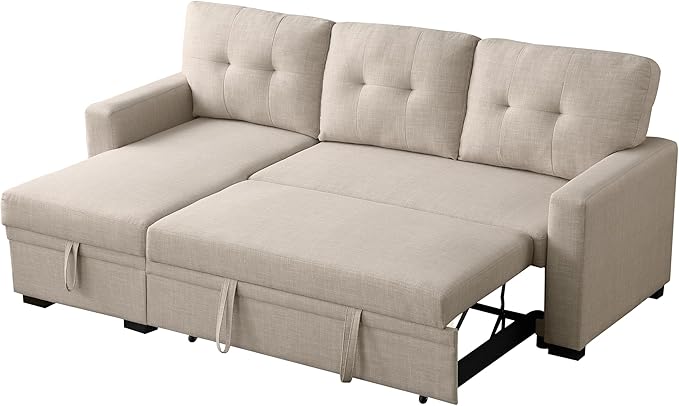 ERYE 82-inch Pull Out Sleeper Couch Bed L-Shaped Reversible Sleeper Sectional Sofa Linen Blend Tufted Upholstered Corner Convertible Sofa Bed with Storage Chaise