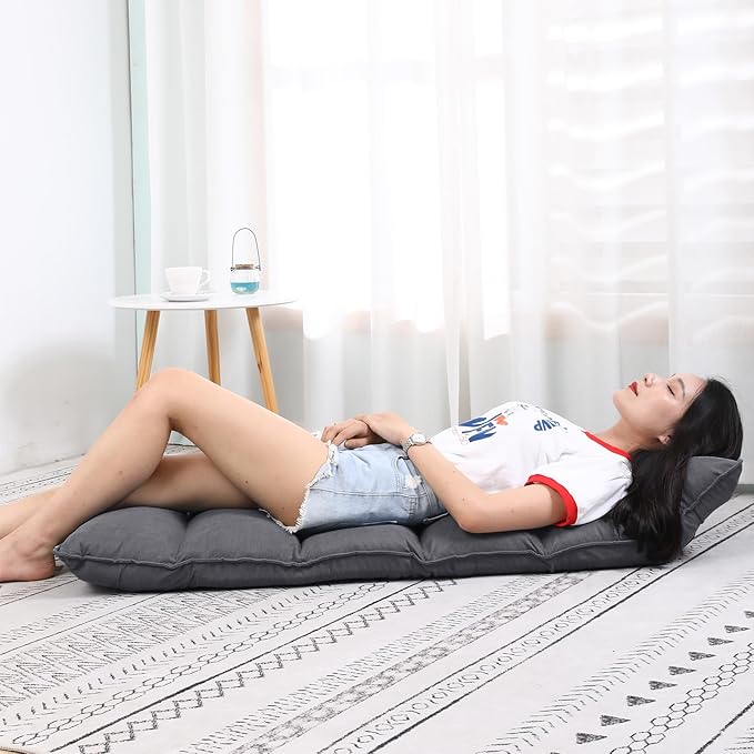 Fabric Folding Floor Chair with Headrest - 6-Position Head &amp Foot Recliner 14-Position Lumbar Support - Ergonomic Design for Reading Gaming and Relaxation 014GR