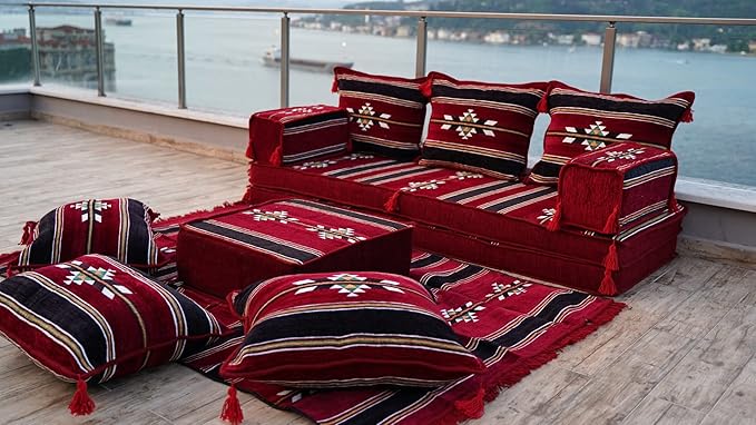 arabicsofa Maroon Turkish Low Floor Seating Sofa – Traditional Arabic Majlis Cushions