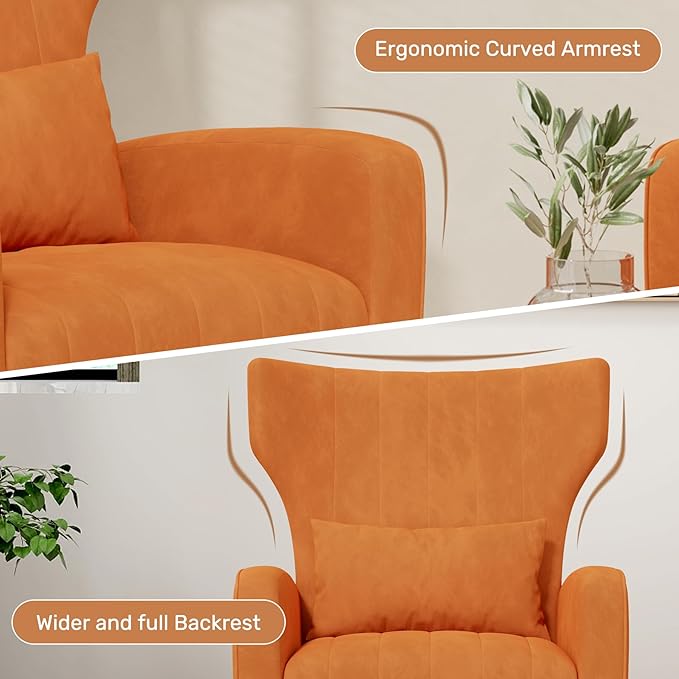 Velvet Accent Chair Set of 2Wingback for Living Room High Back Arm Chair with Golden Legs Lumbar Pillow Upholstered Single Sofa Bedroom Orange