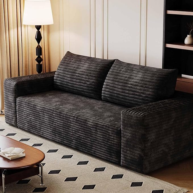 71 Corduroy Couch in a Box Cloud Loveseat Sofa with 2 Cushions Boneless Couches for Living Room Bedroom Small Space Compressed Deep Seat Memory Foam No Assembly (Black 71)