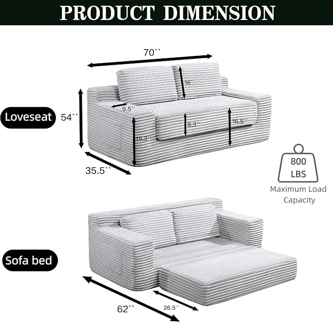 71 Corduroy Cloud Loveseat Sofa Bed Pull Out Convertible 2-in-1 Boneless Couch Deep Seat 2-Seater Design No Assembly Floor Sofa with Side Pockets for Living Room Bedroom Apartment (Grey)