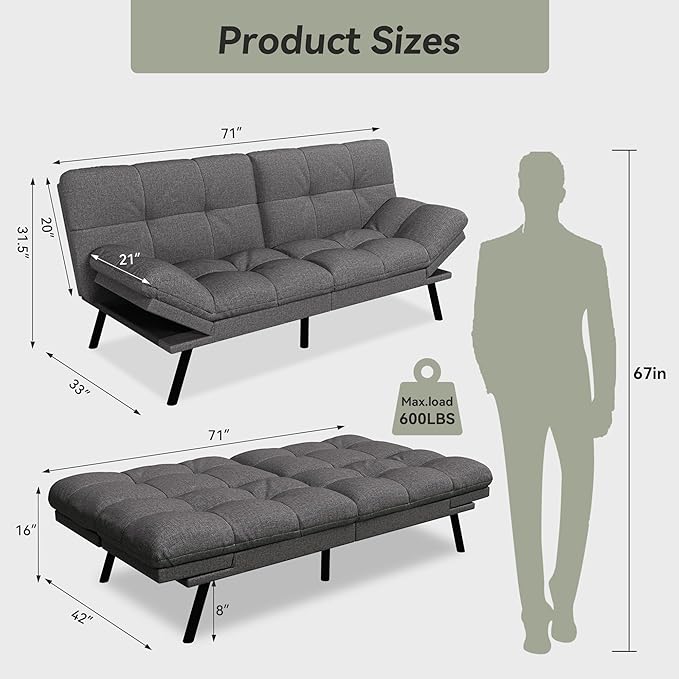 Convertible Futon Sofa Bed71 Memory Foam Futon CouchDetachable CushionAdjustable Backrest &amp ArmrestLinen Modern Loveseat Sleeper Recliner for Living RoomOfficeApartmentMist Grey
