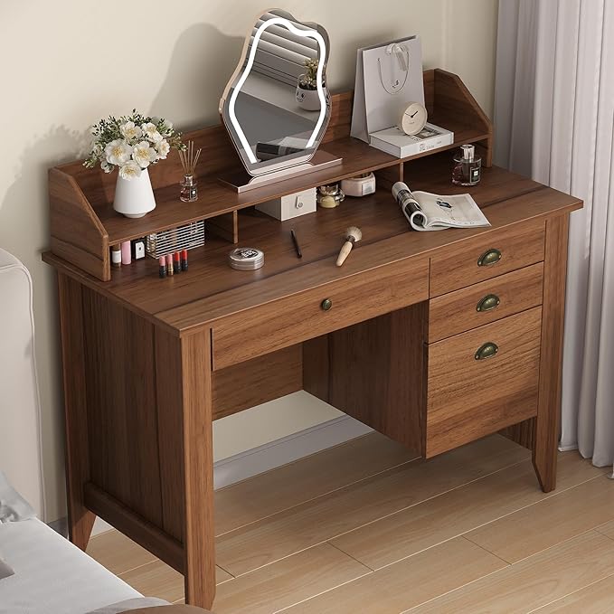 4 EVER WINNER Wooden Desk with Drawers Small Desk with Monitor Stand and File Drawe Writing Desk with Drawers for Bedroom Small Spaces Walnut