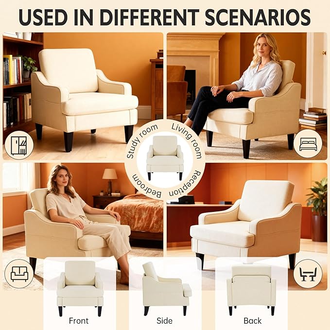 Accent Chair for Living Room Upholstered Living Room Chair with Side Pockets Comfy Accent Chairs for Bedroom Mid Century Modern Armchair for Office Apartment Waiting Room Club (Beige)