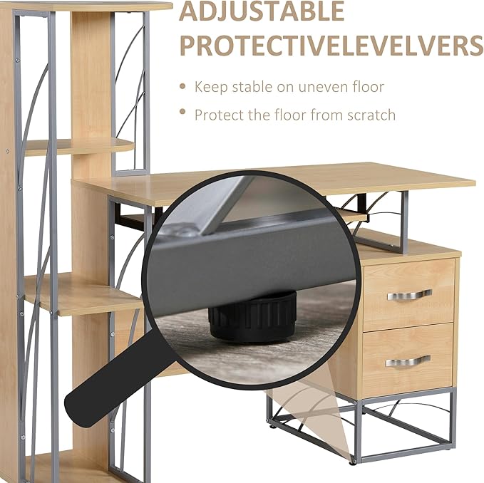 Modern Computer Desk with 4 Tier Bookshelf Home Office Writing Table Workstation with Tower Storage Shelves Keyboard Tray Lockable Drawers Natural