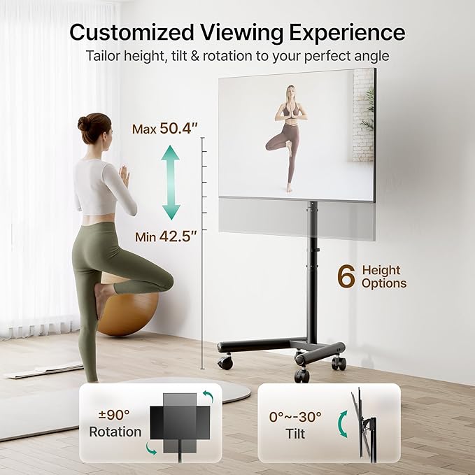 2026 Upgraded Mobile TV Stand for 13-50 TVs Rotating Rolling TV Stand with 30° Tilting Hold up to 55lbs Height Adjustable Mobile TV Cart for Home Office Max VESA 200x200mm