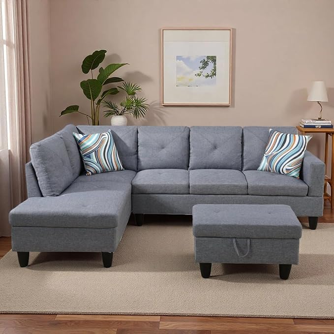 L-Shaped Sectional Sofa with Movable Chaise &amp Storage Ottoman Lounge 3-Piece Modular Convertible Couches for Living Room Apartment &amp Office Grey