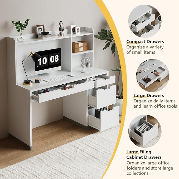 White Desk with Hutch 53 Inch Computer Desk with Storage File Drawer White Study Desk with 4 Drawers for Bedroom Small Space