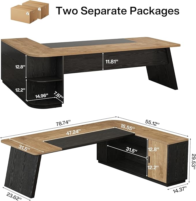 Tribesigns 79-Inch Executive Desk Large Office Desk with Cabinet L-Shaped Compter Desk with Storage Shelves Writing Table for Home Office Natural Oak and Black