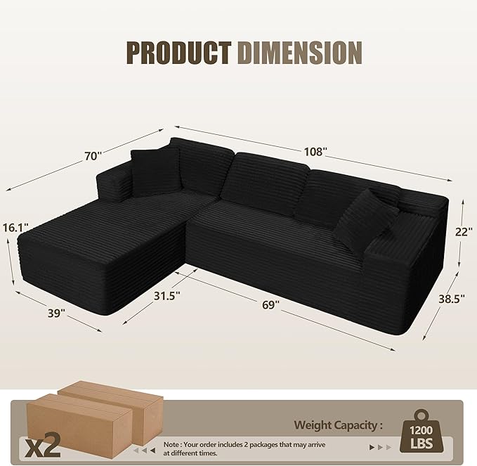 Bashaw 108 Cloud Sectional Couch Sofa with L-Shape Chaise Modern Modular Sofa Couch Upholstered Couches for Living Room Bedroom No Assembly Required (Black L Shape)