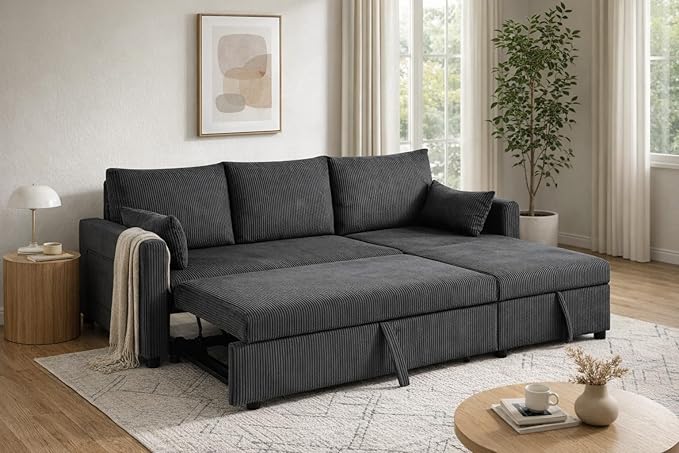 Sectional Sleeper Sofa with Pull Out Bed LShape Convertible Sofa Bed Couch with Storage Chaise 3 in 1 Pull Out Sofa Bed with 3 Seats for Living RoomApartment Black 85Inch