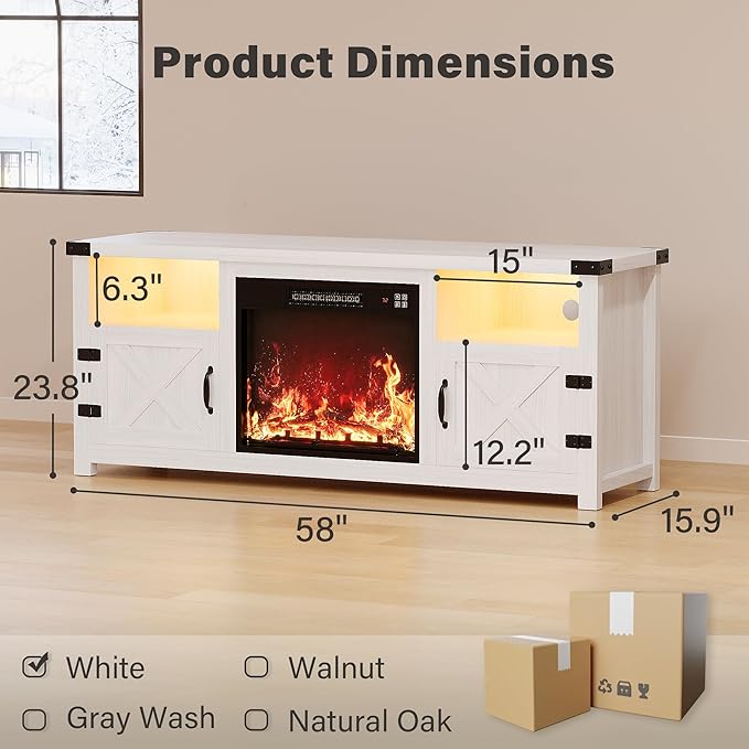 YESHOMY LED Fireplace TV Stand with Mood Lighting TV Cabinet with Open Shelf Farmhouse Media Console with Hidden Cable Routing Entertainment Center for Televisions up to 65+ Inch White